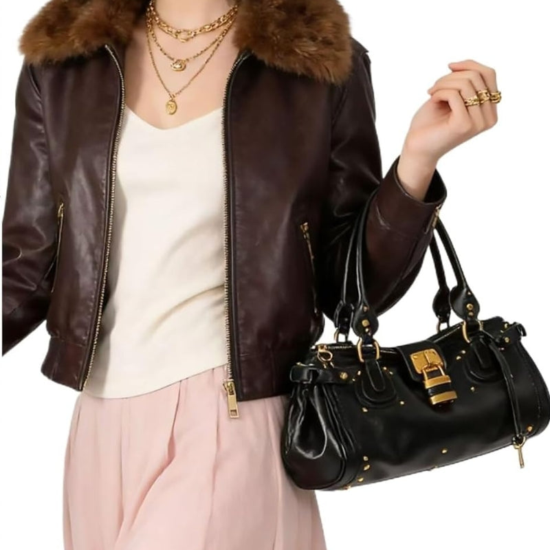 Women PU Leather Vintage Y2K Lock East West Handbag
