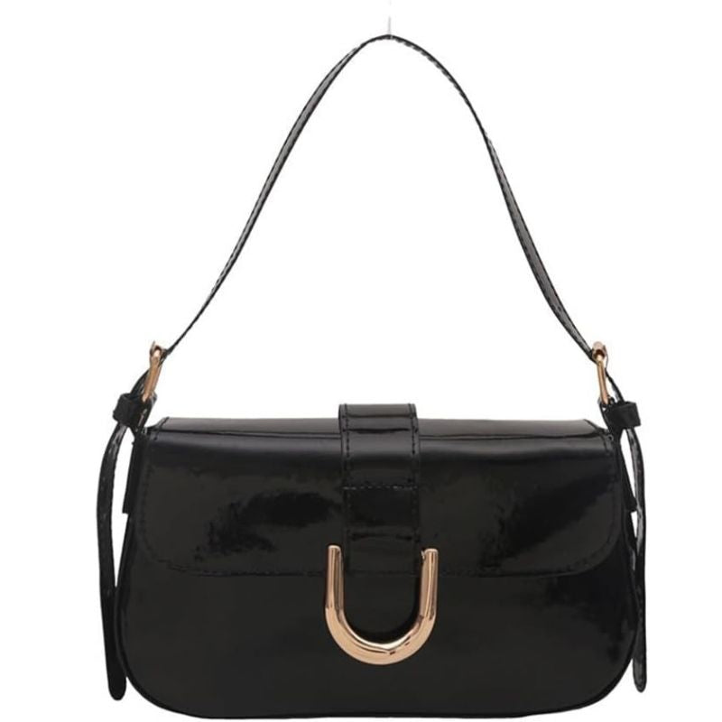 Patent Leather Flap Shoulder Bag with Gold Buckle