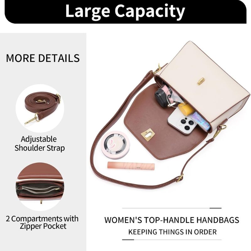 Two-Tone Leather Flap Crossbody Bag With Top Handle