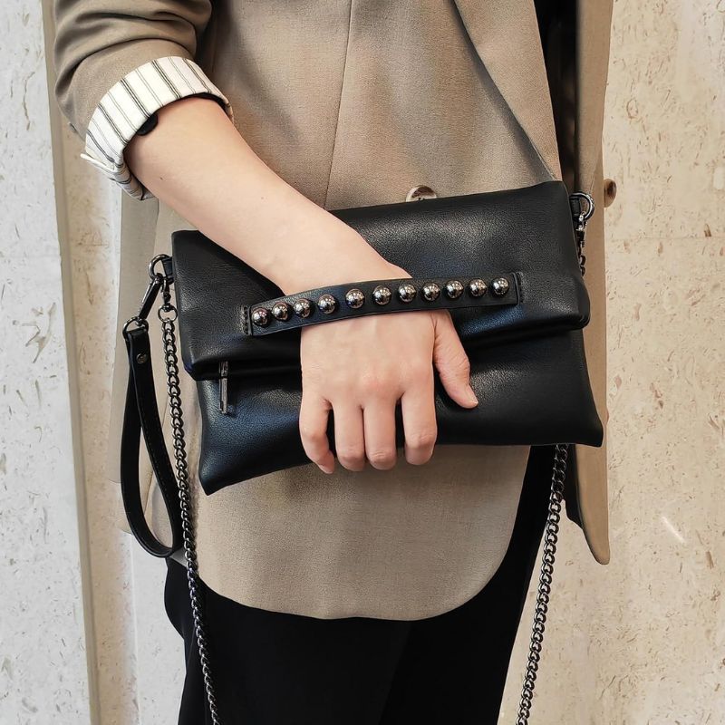 Fold-Over Beaded PU Leather Chain Crossbody Clutch