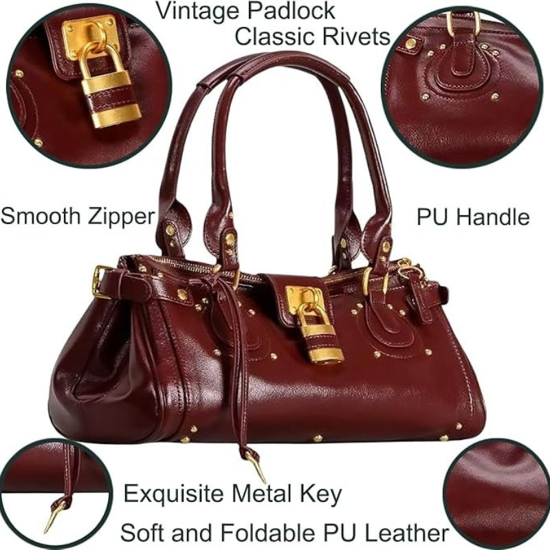 Women PU Leather Vintage Y2K Lock East West Handbag