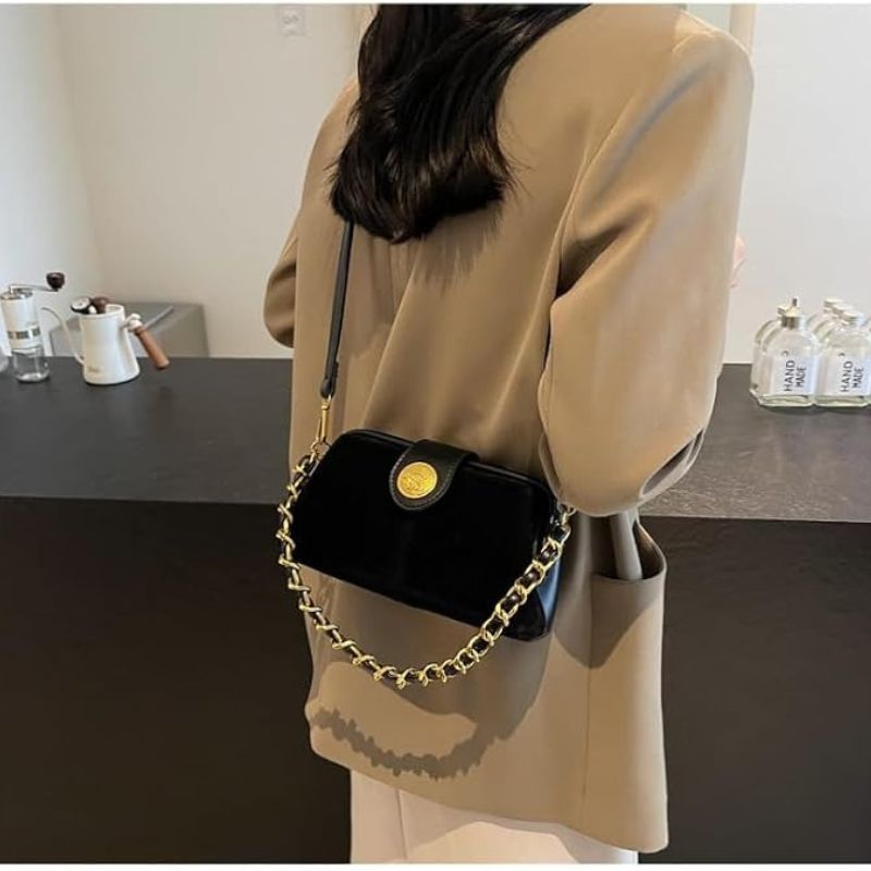 Suede &amp; Leather Chain Crossbody Bag