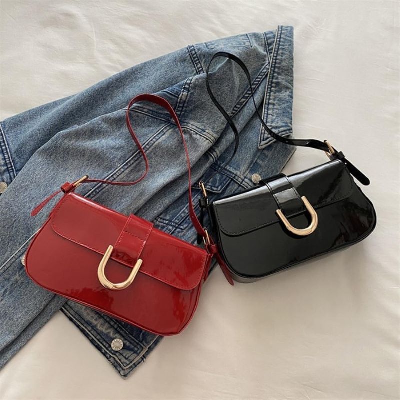 Patent Leather Flap Shoulder Bag with Gold Buckle