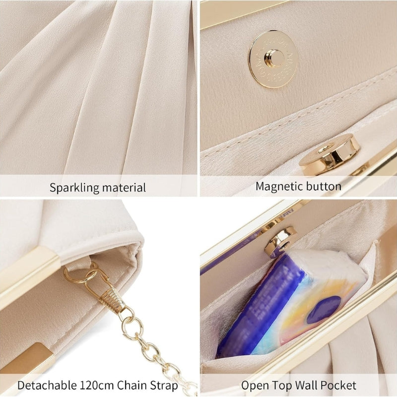 Pleated Evening Clutch with Detachable Chain Strap