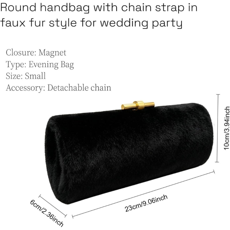 Faux Fur Cylinder Clutch With Detachable Chain