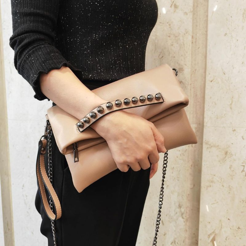 Fold-Over Beaded PU Leather Chain Crossbody Clutch