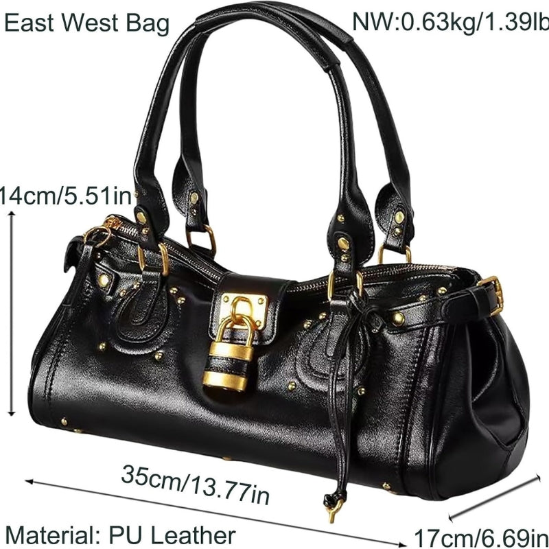 Women PU Leather Vintage Y2K Lock East West Handbag